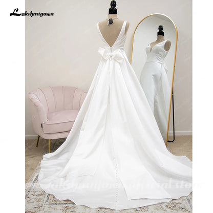 Roycebridal Satin Mermaid Wedding Dresses with Dectachable Skirt For Women Brautkleider Plunging Civil Beach Bridal Gowns