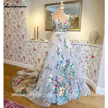 Roycebridal Floral Print Lace Floral Garden Wedding Dress V Neck 2025 Beach Boho Bridal Gowns estido de noiva