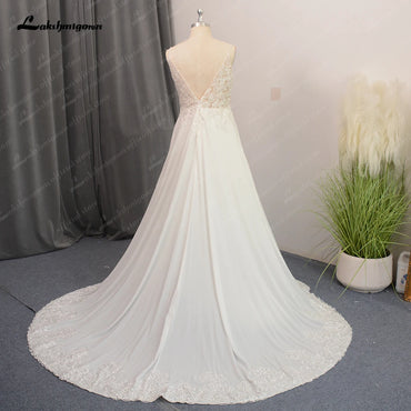 Roycebridal Spaghetti Straps Beach Wedding Dress for Women Beads Chiffon Bridal Gowns Open Back Real Photos New Arrival