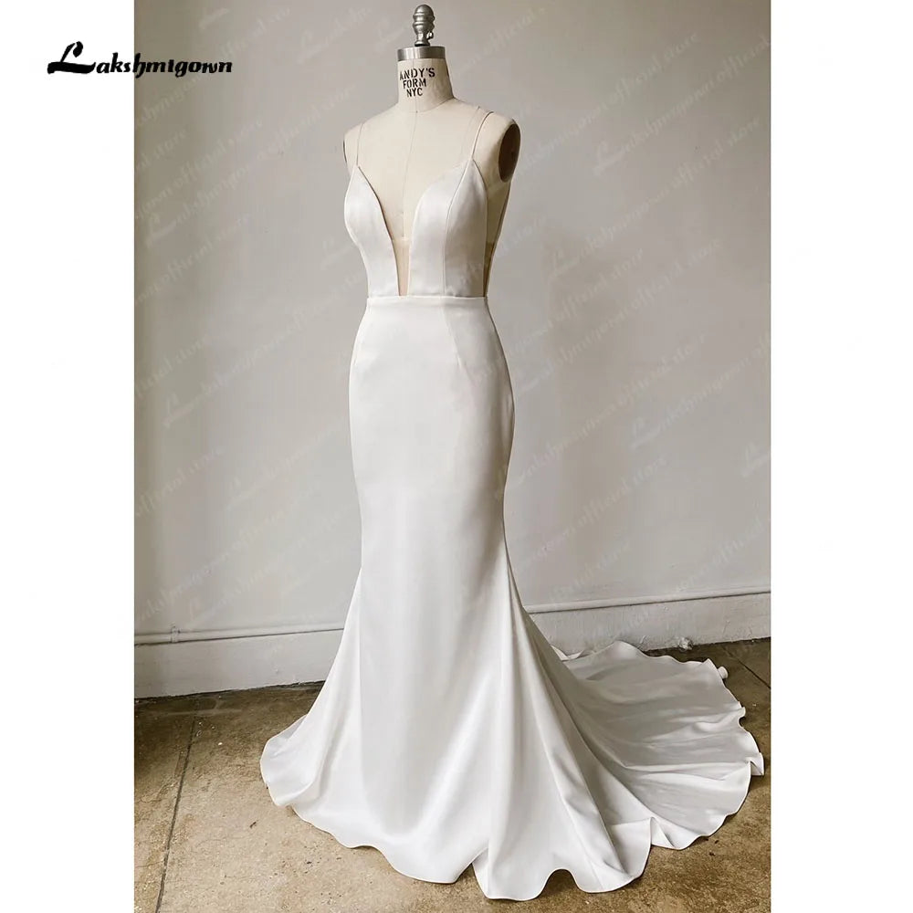 Roycebridal Simple Satin Wedding Dress Spaghetti Straps Long Train Backless Buttons Draped Trailing V Neck Bridal Gowns