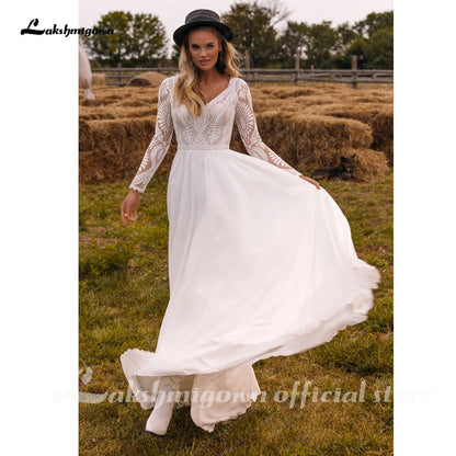 Roycebridal Chiffon V Neck Long Sleeve Bridal Dress Sweep Train Lace Open Back Bohemian Boho Beach Wedding Dress Wedding Gown