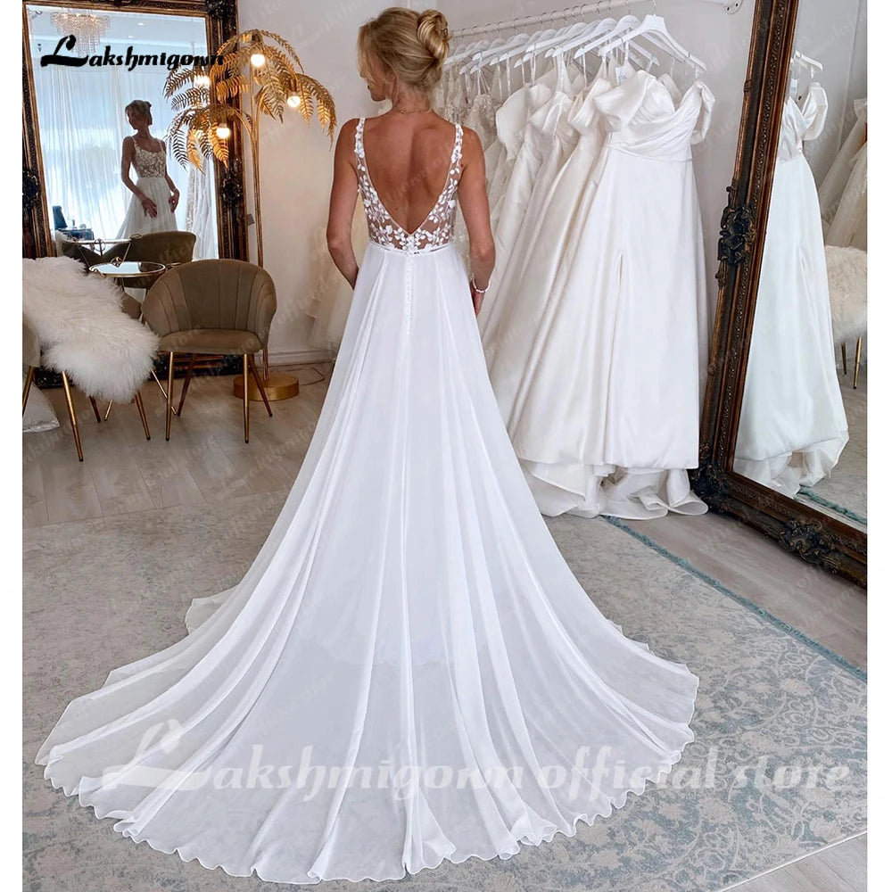 Roycebridal Lace Chiffon Wedding Dresses A-Line Appliques Scoop Neck Spaghetti Straps Bridal Gowns Princess Backless