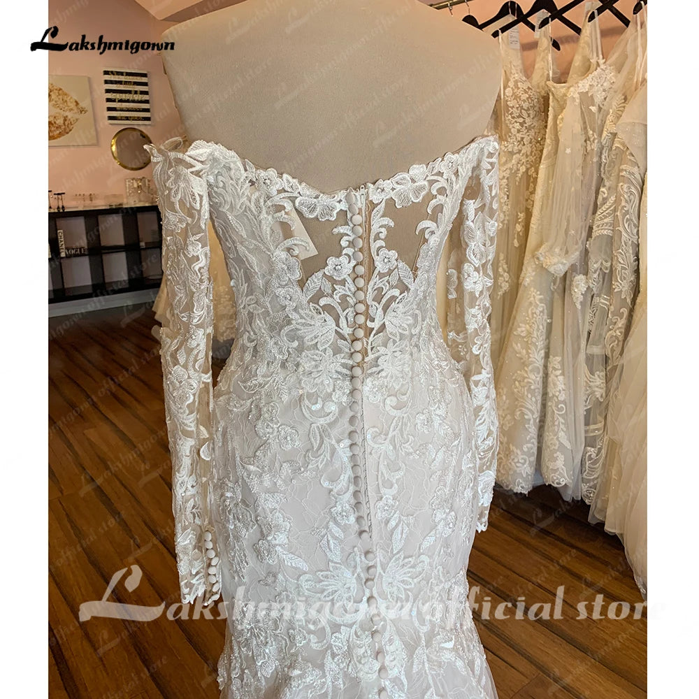 Roycebridal Boat Neck Long Sleeves Wedding Dress Full Lace Chapel Train Bridal Gown Elegant Bridal Wedding Gowns Open Back