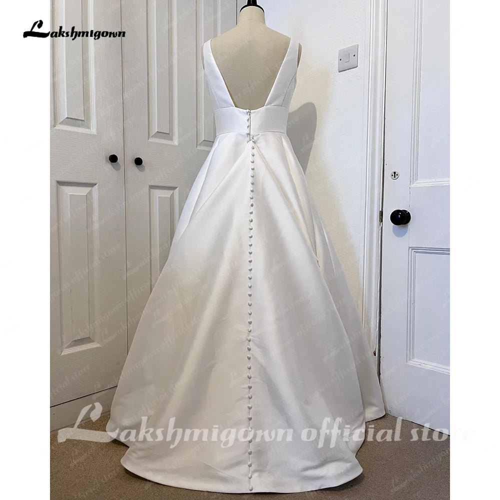 Roycebridal V Neck Women Satin Wedding Dress 2025 Hochzeit Plunging V Neck Vestidos Civil Bridal Gowns Open Back