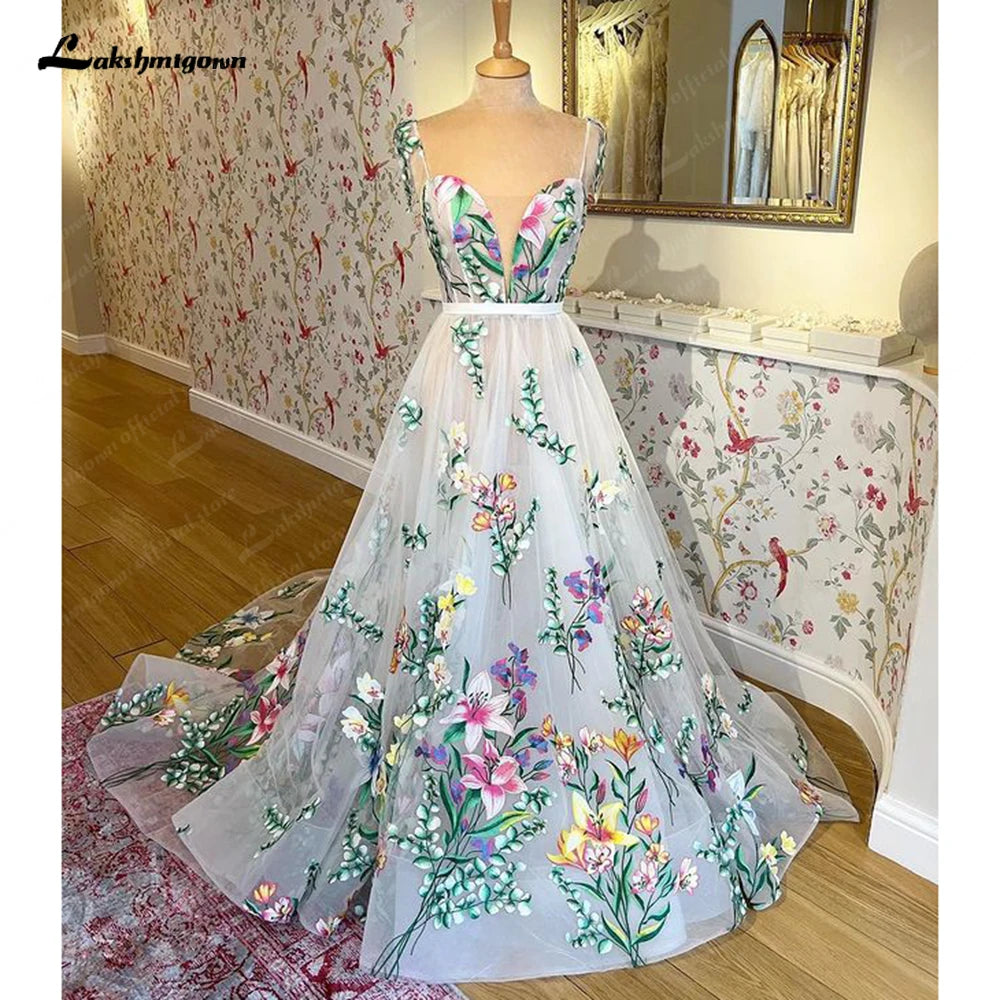 Roycebridal Floral Print Lace Floral Garden Wedding Dress V Neck 2025 Beach Boho Bridal Gowns estido de noiva