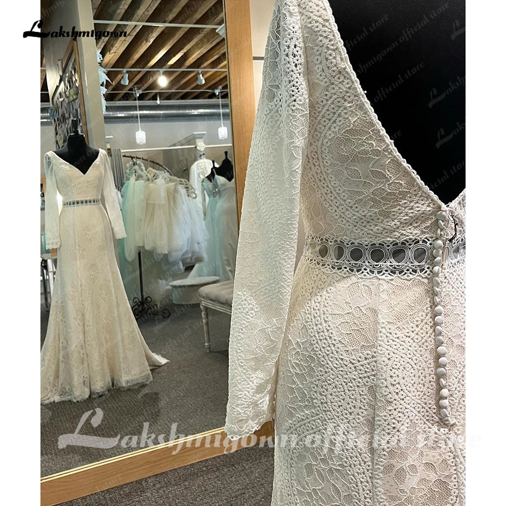 Roycebridal Vintage Long Sleeve Lace Boho Civil Wedding Dress 2024 Bohemian Bridal Wedding Gown Custom Made Vestidos Novia