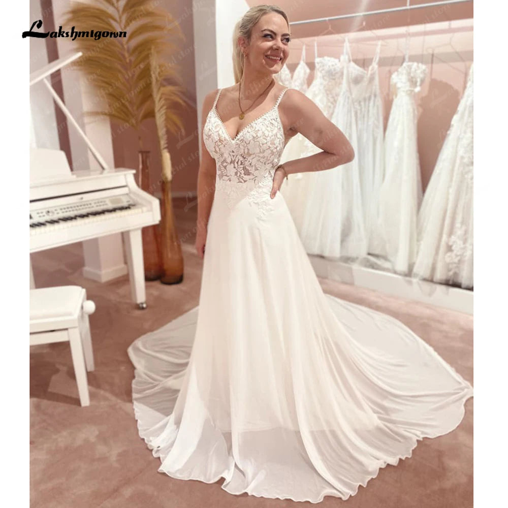 Roycebridal Spaghetti Straps Chiffon A-Line Boho Wedding Dress 2025 V Neck Off White Beach Bridal Gowns vestidos para mujer