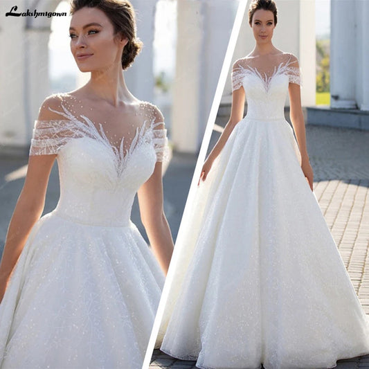 Roycebridal Sparkling Off-The-Shoulder Wedding Dress Elegant Glitter Lace A-Line Bridal Gown with Illusion Pleats Short Sleeves