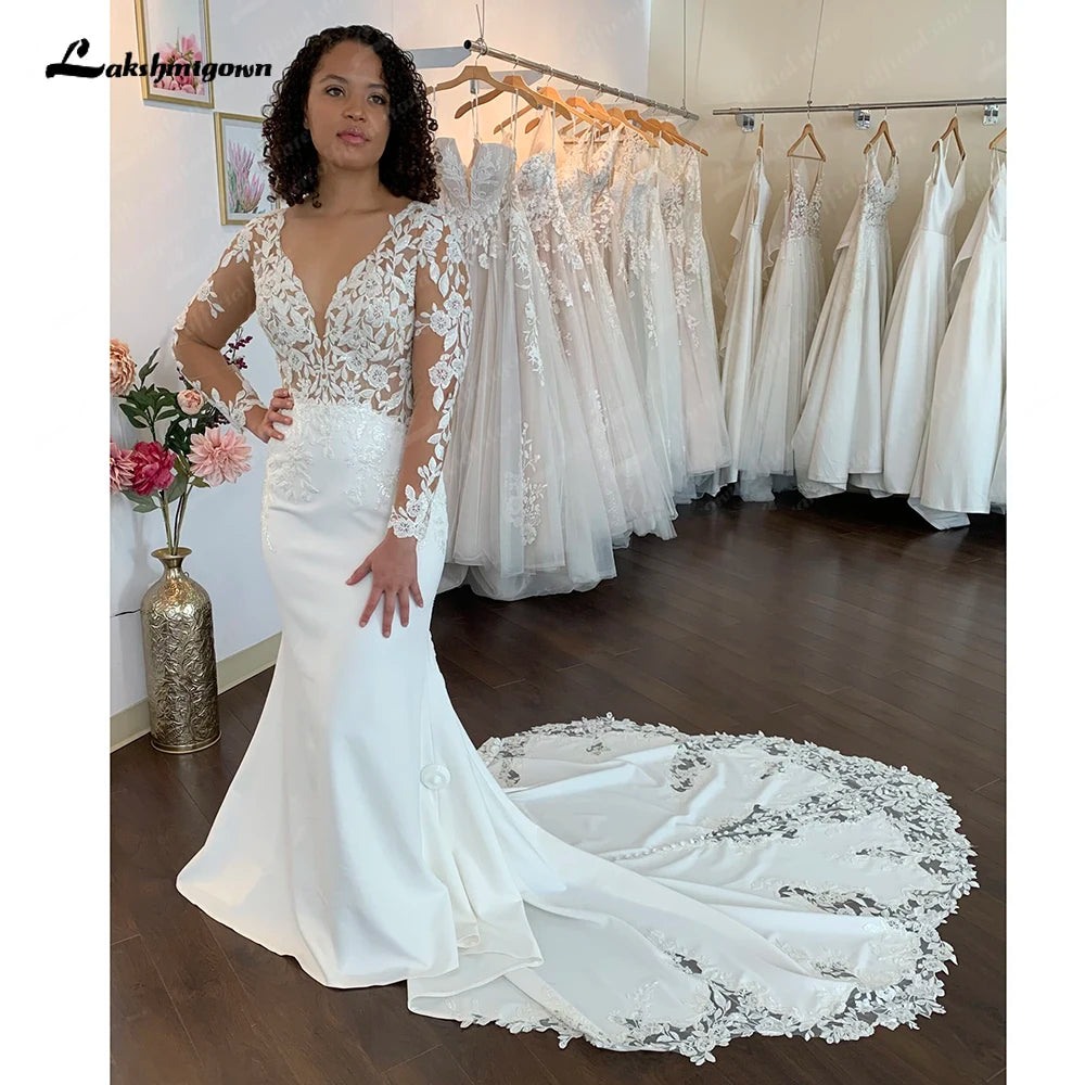 Roycebridal Long Sleeves Bridal Lace Mermaid Wedding Dresses 2025 Ballkleider Women Crepe Country Wedding Gowns Long Train