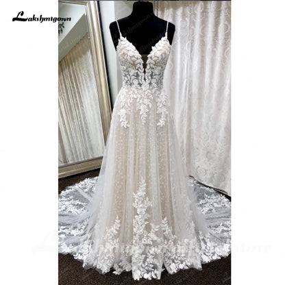 Roycebridal Deep V Neck Lace Floral Wedding Dress for Women 2024 Bridal Gown Champagne Backless Spaghetti Straps abito da sposa