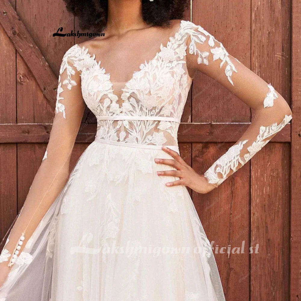 Roycebridal Lace Long Sleeve Boho Wedding Dress 2025 Abito Da Sposa Garden Boho Wedding Gown Sexy V Neck Bridal Dress