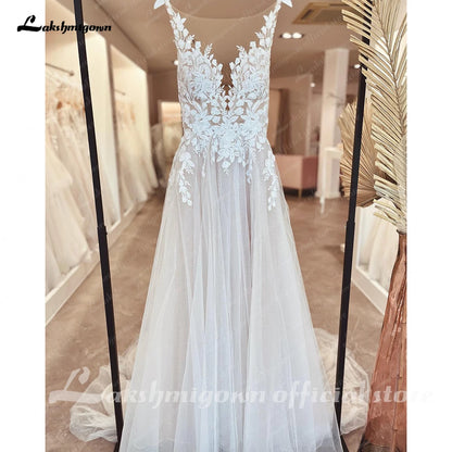 Roycebridal Illusion Wedding Dress Sleeveless Backless O-Neck Bride Dress See Through Appliques Formal Robe de marie