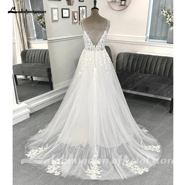 Roycebridal Beach Formal Wedding Dresses Sweep Train Sleeveless Spaghetti Strap Lace With Appliques 2025 Bridal Gowns