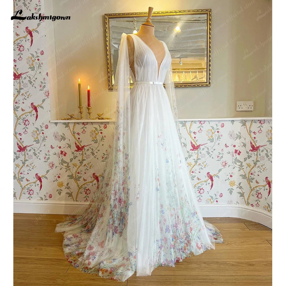 Roycebridal Floral Beach Fairy Wedding Dresses with Cape 2025 Backless Wedding Gowns vestido de noiva princesa