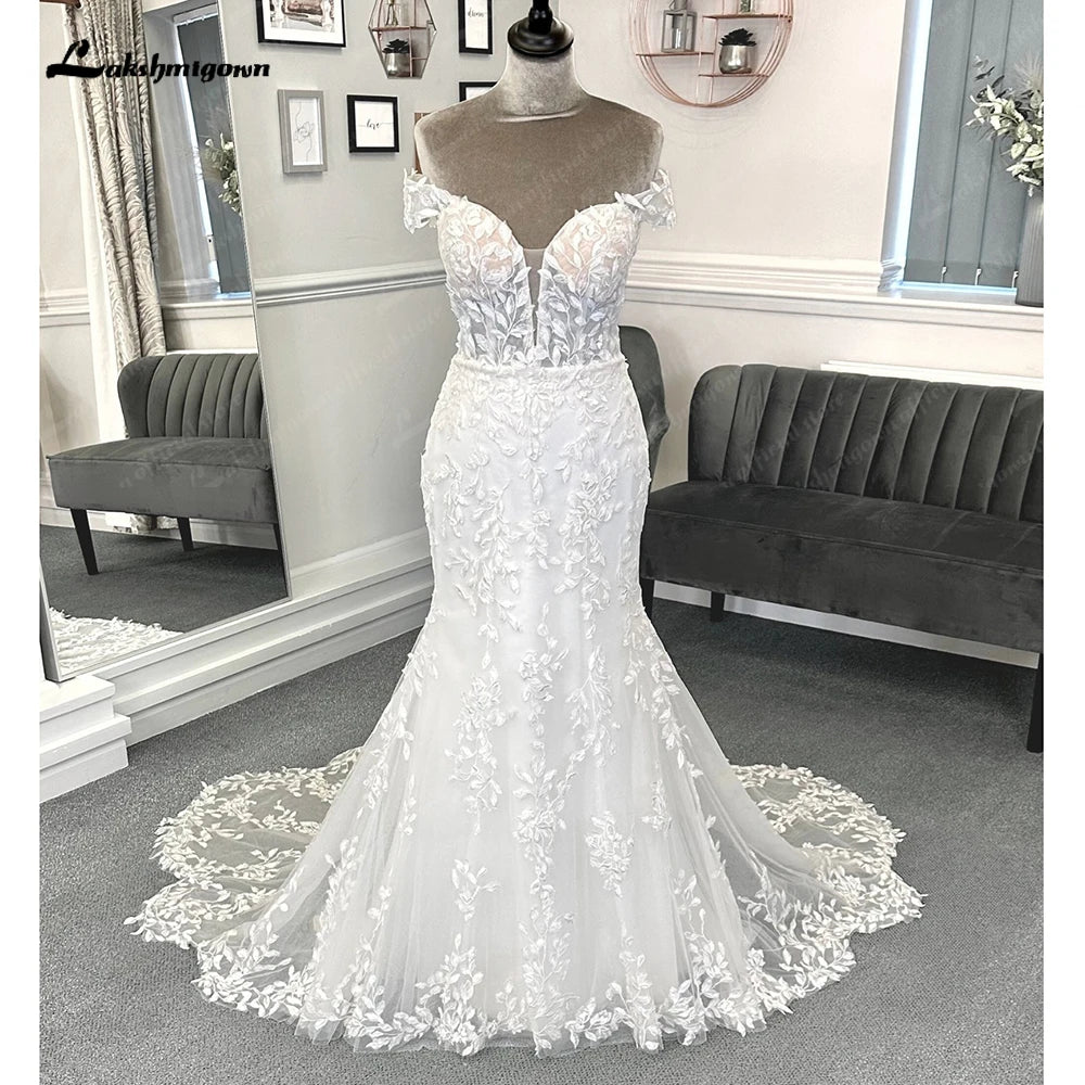 Roycebridal Luxury Lace Appliques Mermaid Wedding Dress with Detachable Sleeves Boho Trumpet Women Civil Bridal  Wedding Gowns