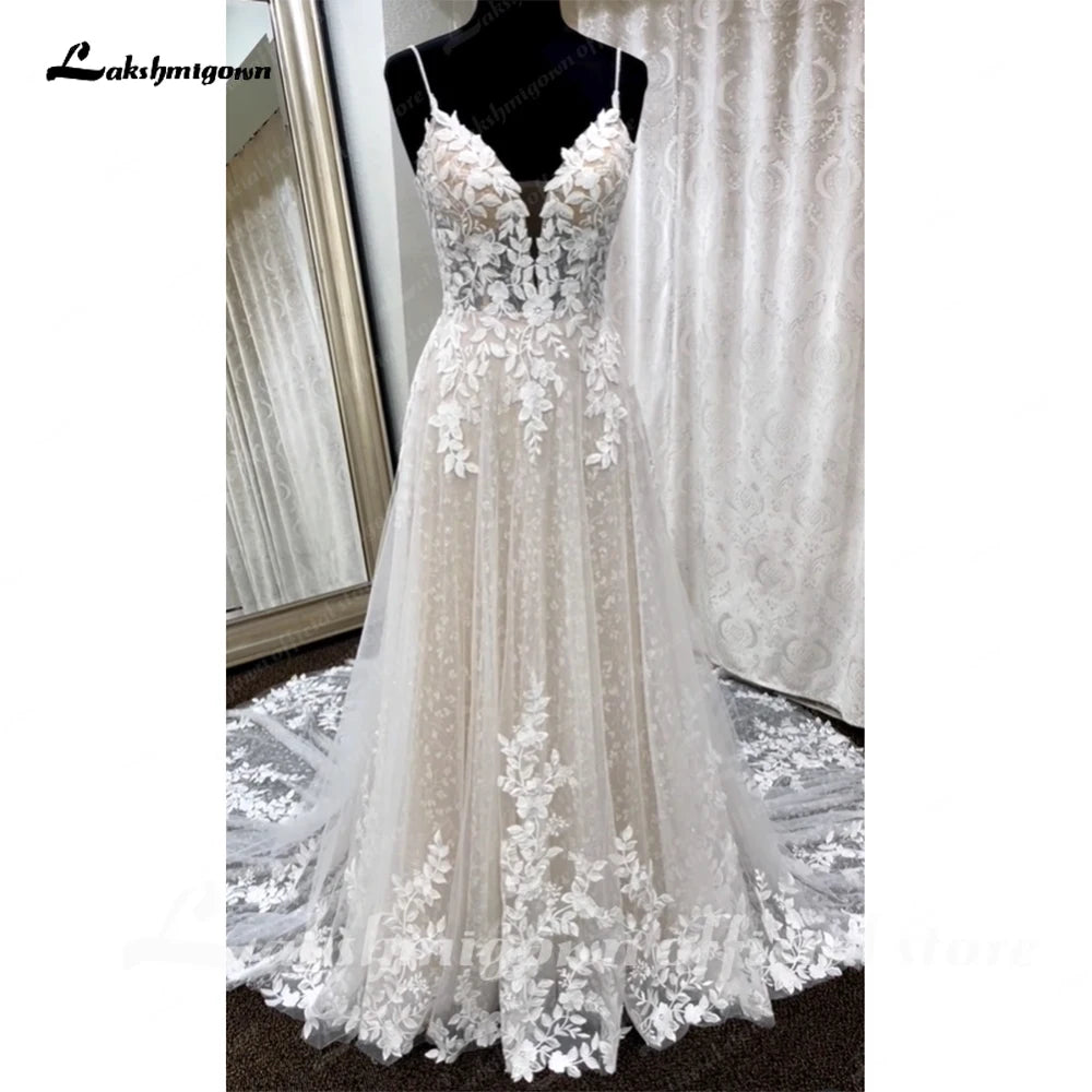 Roycebridal Deep V Neck Lace Floral Wedding Dress for Women 2024 Bridal Gown Champagne Backless Spaghetti Straps abito da sposa