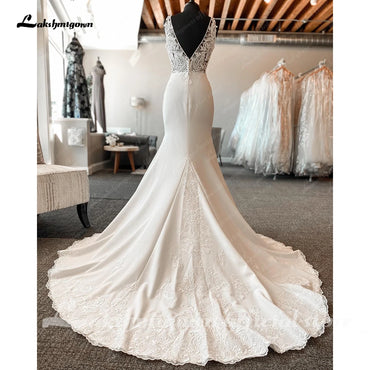 Roycebridal Women Lace Crepe Mermaid Wedding Dresses 2024 Robes Off the Shoulder Beach Bridal Gowns Backless trouwjurk