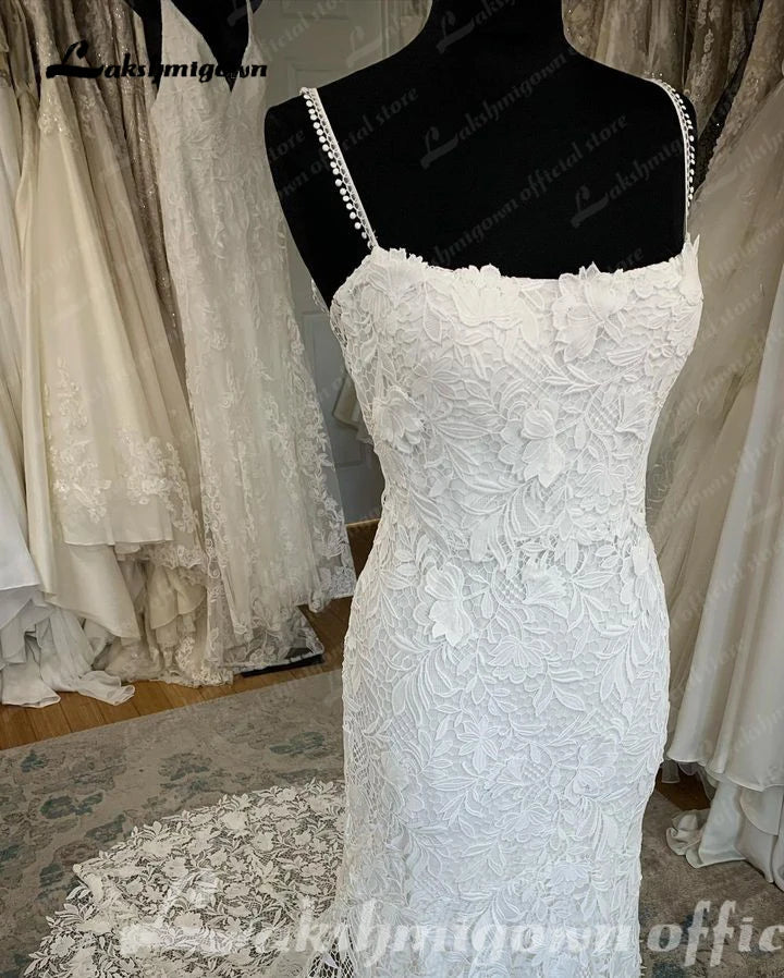 Roycebridal Lace Mermaid Wedding Dress Scoop Neck Lace Applique Spaghetti Straps Bridal Gown Court Train Civil Robe De Mariée