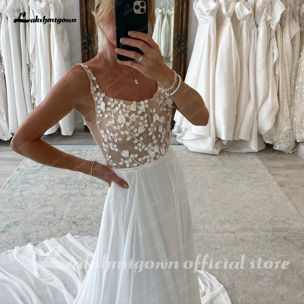 Roycebridal Lace Chiffon Wedding Dresses A-Line Appliques Scoop Neck Spaghetti Straps Bridal Gowns Princess Backless