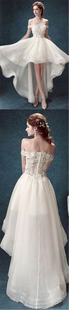 Roycebridal White Organza High Low Off Shoulder Cheap Wedding Dresses, MW162