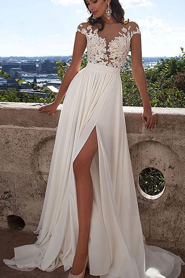 White Lace A-Line Front Split Wedding Dresses With Appliques, Bridal Dress, MW191