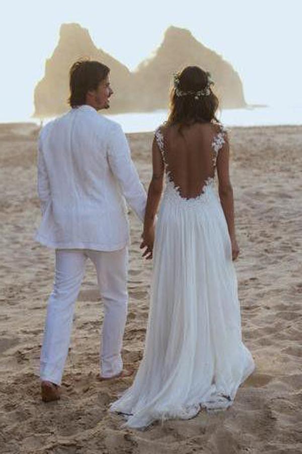 Simple White Chiffon Open Back Straps A-line Wedding Dresses with Appliques, MW216