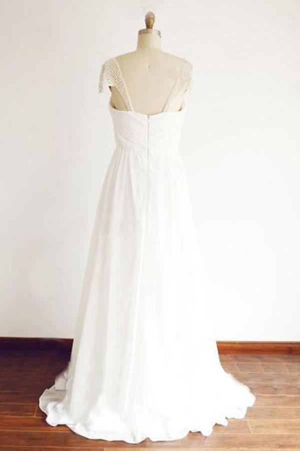 Cheap Chiffon Cap Sleeve Floor Length Beach Wedding Dresses With Beading, MW121 at musebridals.com