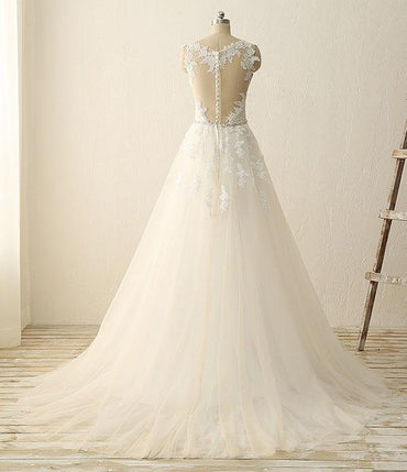 Beautiful A Line Ivory Lace Modest Handmade V-Neck Wedding Dresses with Appliques, MW110 at musebridals.com