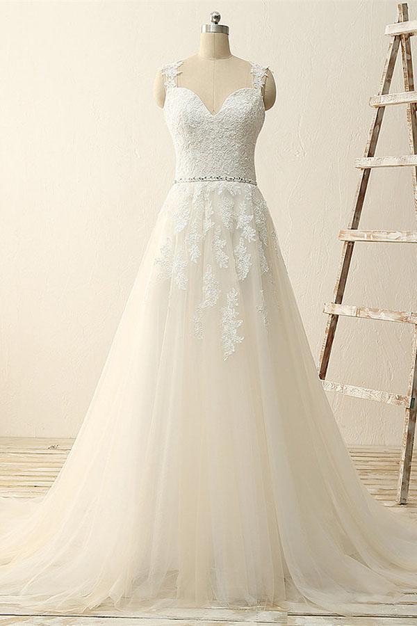 Beautiful A Line Ivory Lace Modest Handmade V-Neck Wedding Dresses with Appliques, MW110