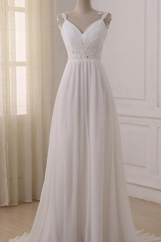 Simple White Chiffon V Neck Straps Wedding Dresses with Sweep Train, MW233