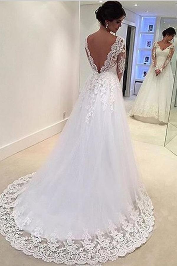 Gorgeous White V-neck Open Back Long Sleeves Lace Appliques Wedding Dress, MW158