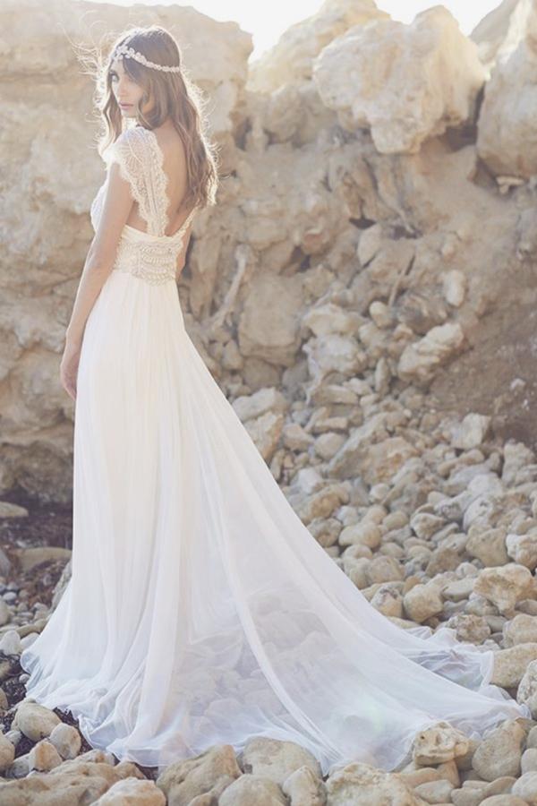 Fabulous Tulle Cap Sleeves Long Beach Wedding Dress with Lace, MW146