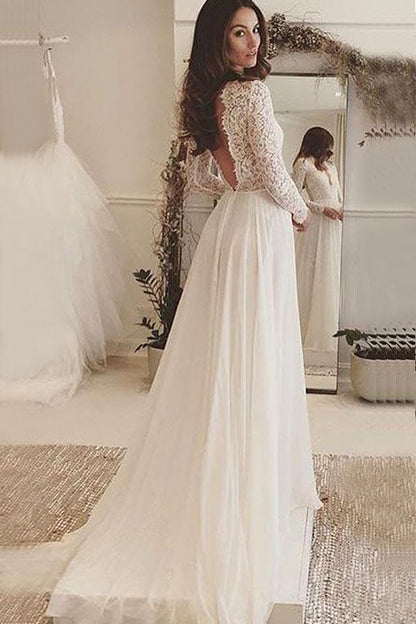 Fabulous Ivory Lace Chiffon Long Sleeves Backless V-Neck Wedding Dresses, MW173