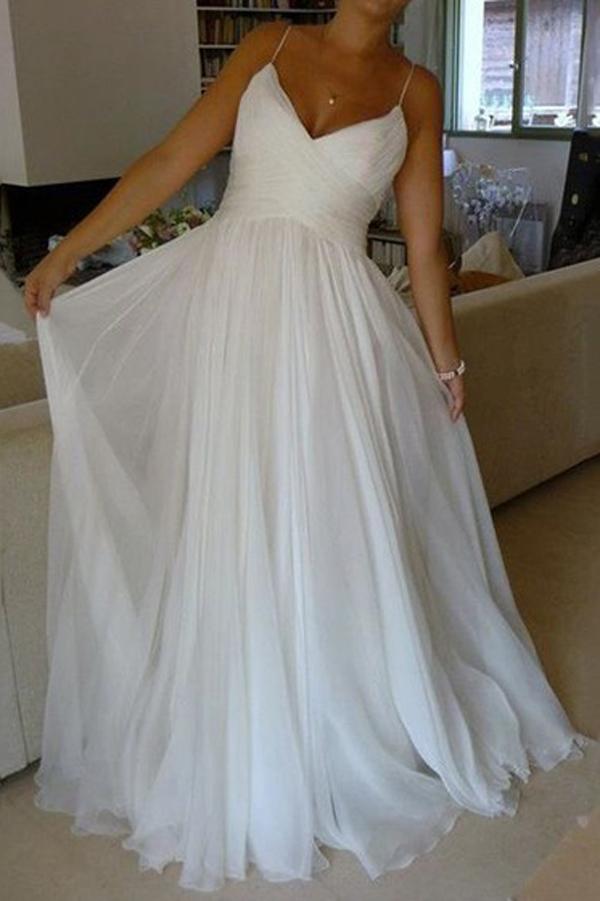 White A-line Chiffon Simple V-neck Spaghetti Straps Court Train Wedding Dresses, MW257