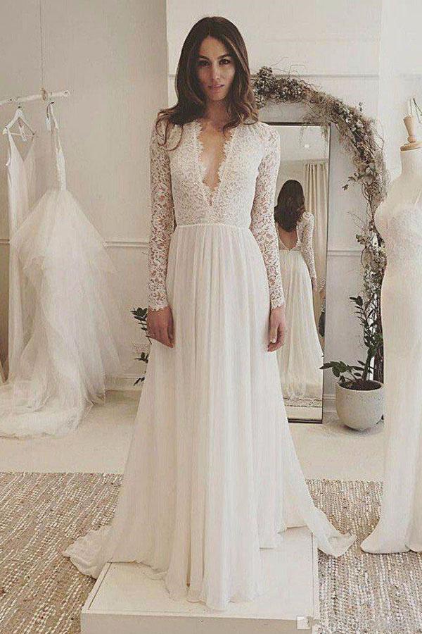 Charming Affordable Chiffon Long Sleeve V Neck Formal Long Wedding Dresses, MW116