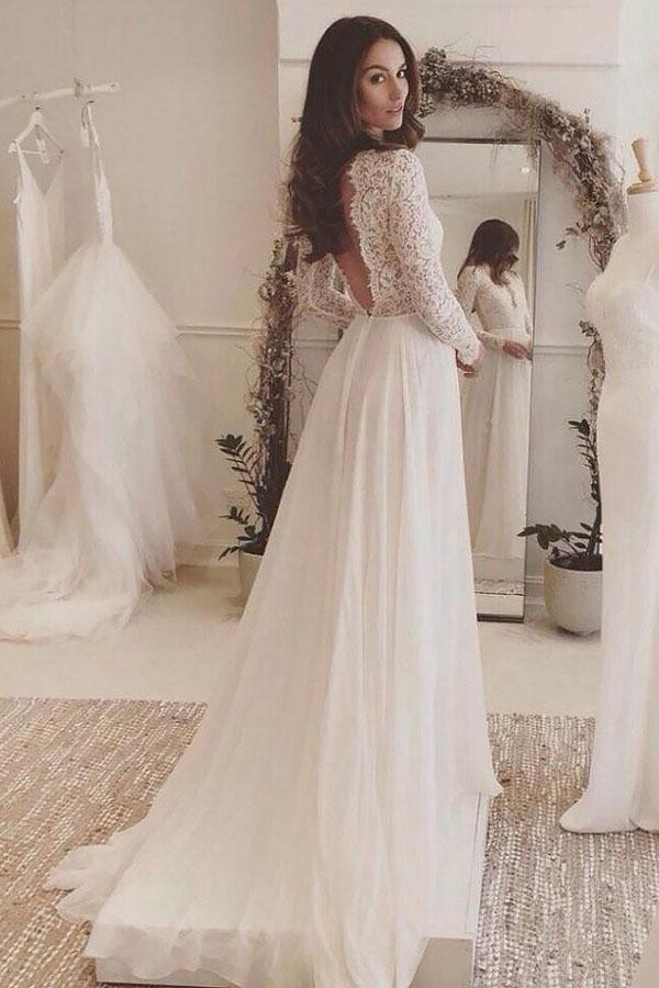 Charming Affordable Chiffon Long Sleeve V Neck Formal Long Wedding Dresses, MW116 at musebridals.com