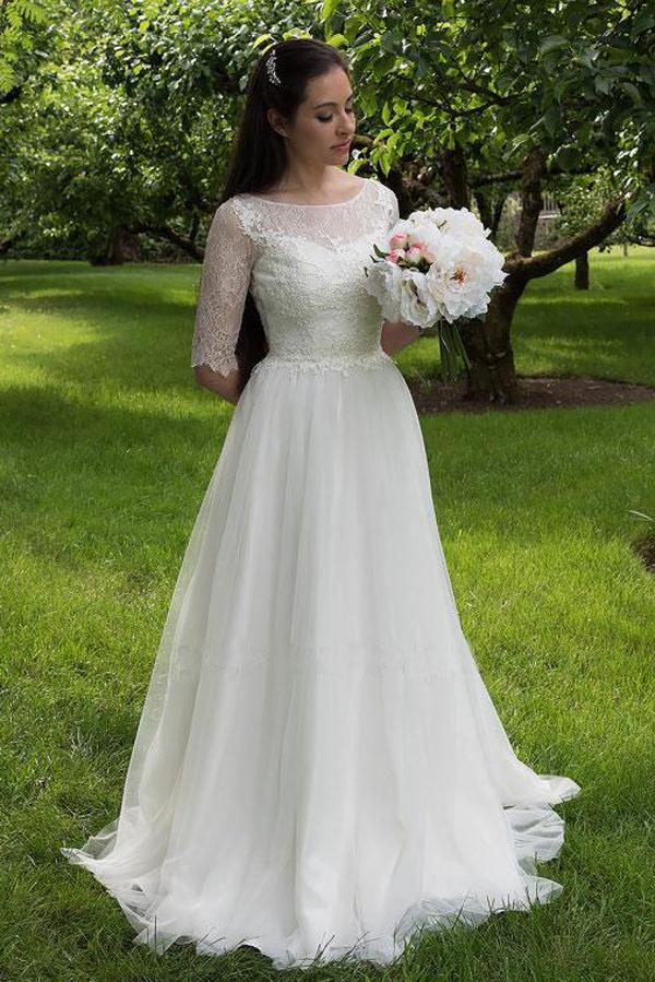 Roycebridal White Lace Bodice Half Sleeves Long Wedding Dresses, Cheap Bridal Gowns, MW160