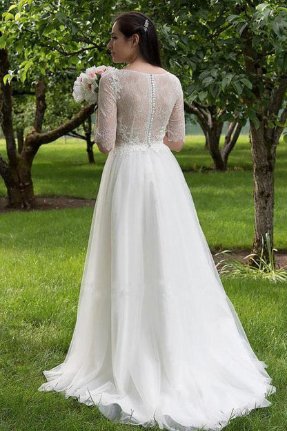 White Lace Bodice Half Sleeves Long Wedding Dresses, Cheap Bridal Gowns, MW160|musebridals.com