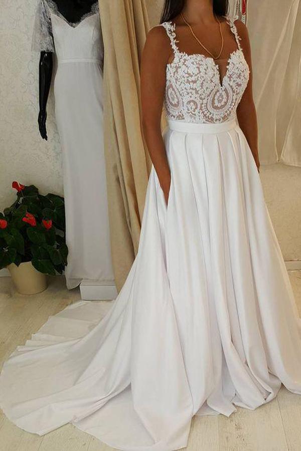 White Sweetheart Lace Top Spaghetti Straps Long Wedding Dresses with Pocket, MW221