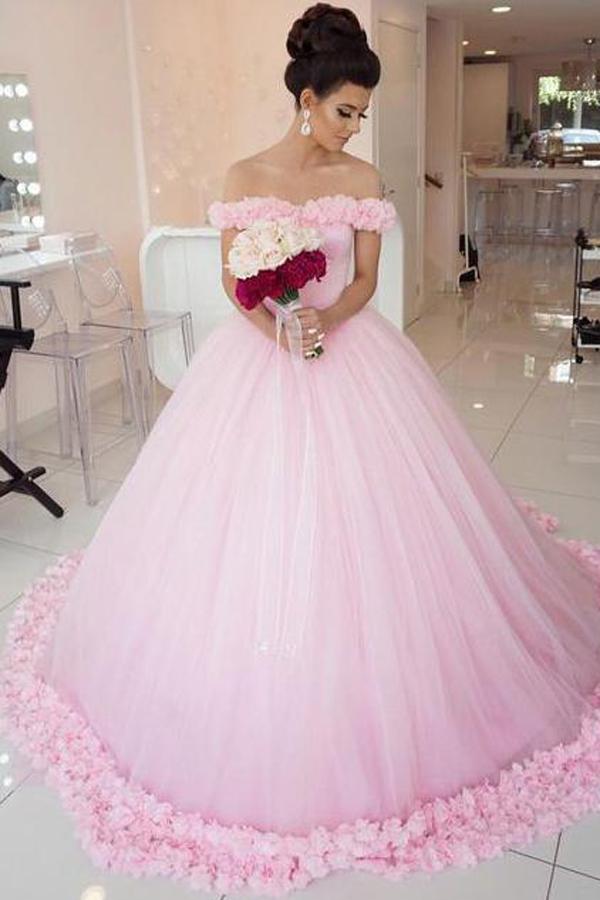 Gorgeous Pink Tulle Off shoulder Ball Gown Wedding Dresses, Quinceanera Dresses, MW205