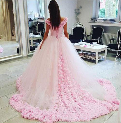 Gorgeous Pink Tulle Off shoulder Ball Gown Wedding Dresses, Quinceanera Dresses, MW205|musebridals.com