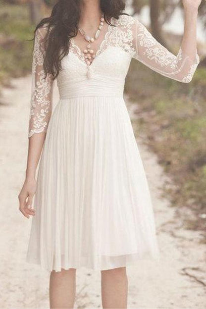 White A Line Vintage Knee Length 3/4 Sleeve Lace Wedding Dresses, MW248