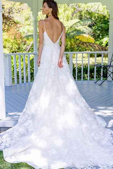 Fabulous White Spaghetti Straps A-Line Backless Lace Long Wedding Dresses, MW152|musebridals.com