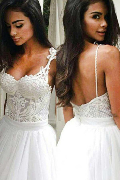 Elegant Spaghetti Straps Backless Lace Top Wedding Dress with Sweep Train, MW136