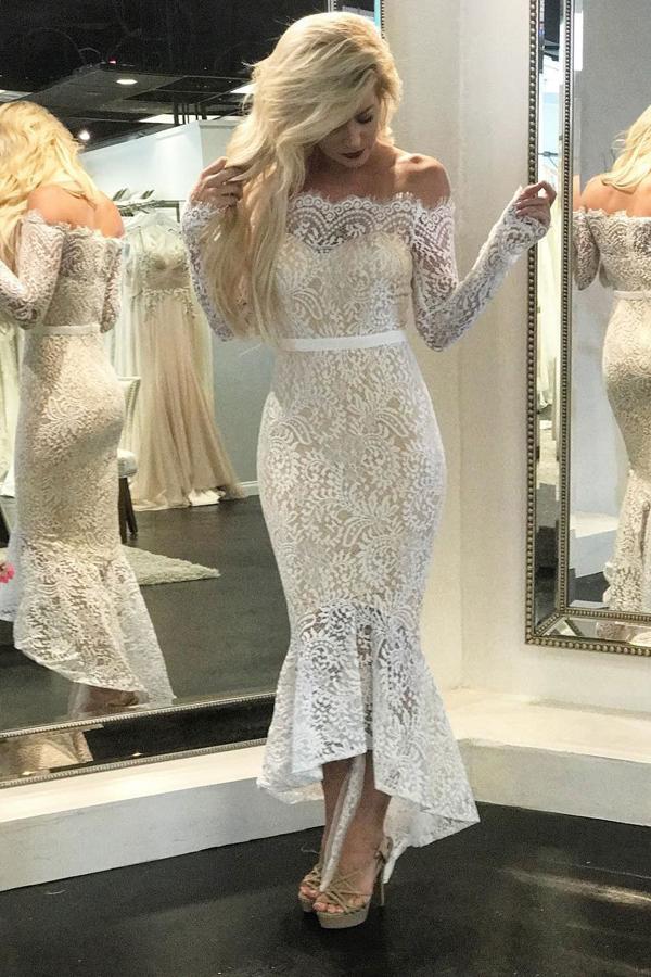 Cocktail Off Shoulder Lace Mermaid Short Beach Wedding Dresses, MW249