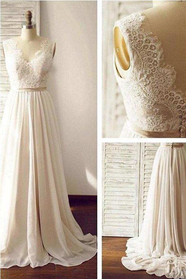 Ivory V-neck Open Back Sleeveless Lace Sash Wedding Dress with Sweep Train, MW176