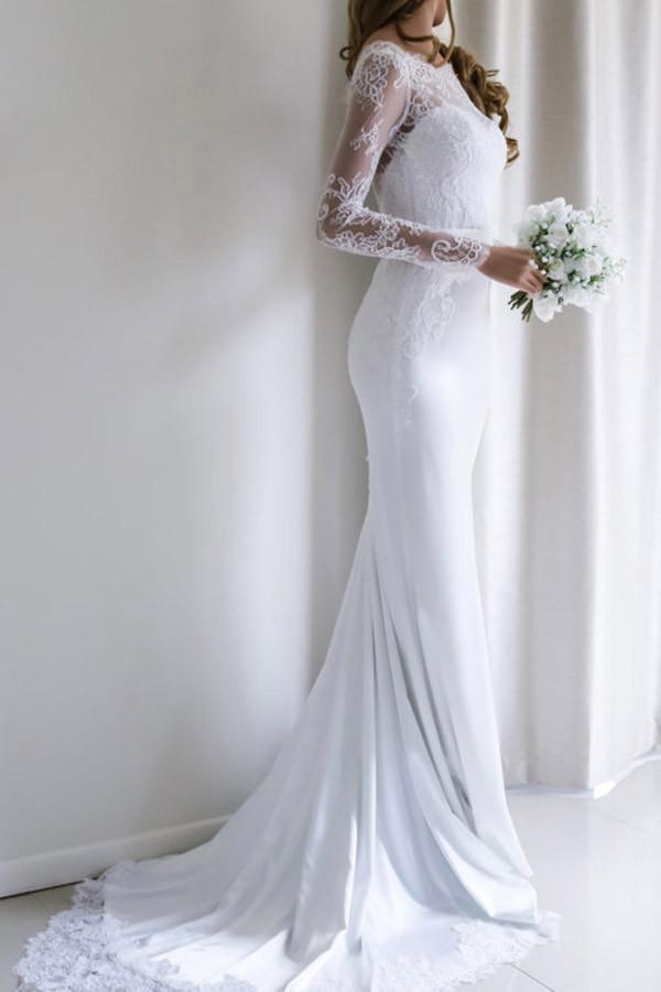 Fabulous White Long Sleeves Mermaid Lace Long Wedding Dress with Train, MW144