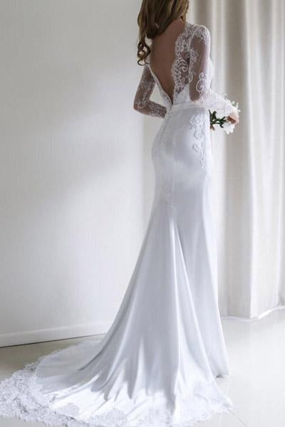 Fabulous White Long Sleeves Mermaid Lace Long Wedding Dress with Train, MW144 at musebridals.com