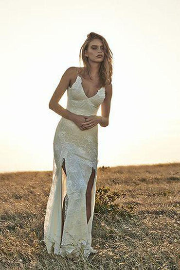 Ivory Lace Off-the-Shoulder Boho Backless Beach Wedding Dresses with Front Split, MW174|musebridals.com