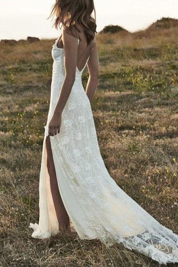 Ivory Lace Off-the-Shoulder Boho Backless Beach Wedding Dresses with Front Split, MW174